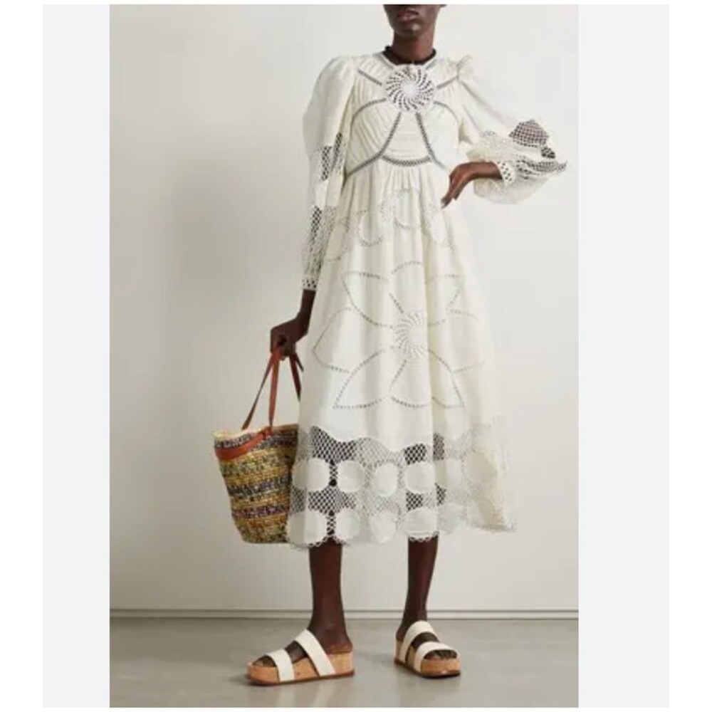 Ulla Johnson Estrella Dress Womens 4 White Linen Crochet Lace Puff Sleeve Midi